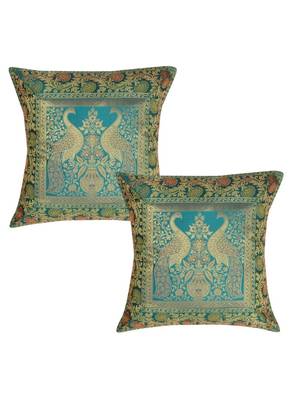 Lal Haveli Decorative Peacock Design Silk Green cushion Covers 16 x 16 inch Set of 2 Pcs 1
