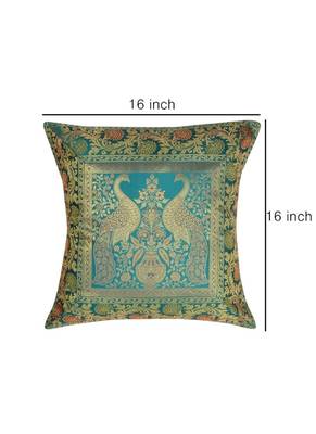 Lal Haveli Decorative Peacock Design Silk Green cushion Covers 16 x 16 inch Set of 2 Pcs 2