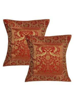 Lal Haveli Handmade Elephant & Peacock Design Throw Pillow Silk cushion Covers 16 x 16 inch Set of 2 Pcs 1