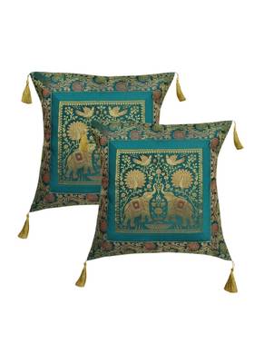 Lal Haveli Handmade Elephant Design Silk cushion Covers for Sofa/Diwan/Car 18 x 18 inch Set of 2 Pcs 1