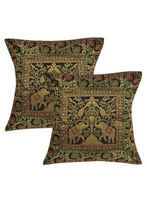 Lal Haveli Peacock & Elephant Design Square Shape Silk cushion Covers Home Party Sofa Decor 16 x 16 inch Set of 2 Pcs 1