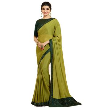 Green plain silk saree with blouse 1
