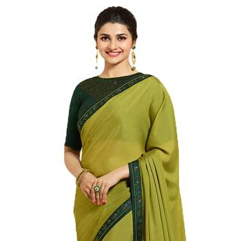 Green plain silk saree with blouse 2