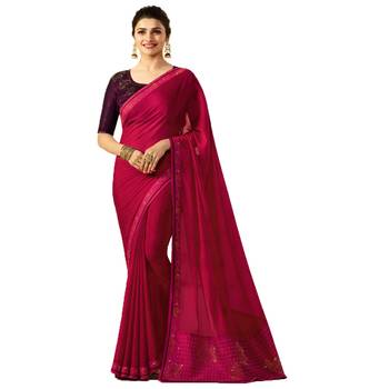Pink plain silk saree with blouse 1