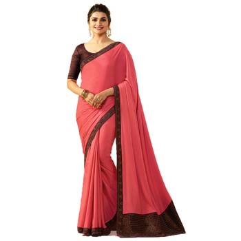 Pink plain silk saree with blouse 1