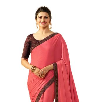 Pink plain silk saree with blouse 2