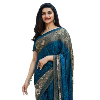 Blue printed georgette  saree with blouse 2