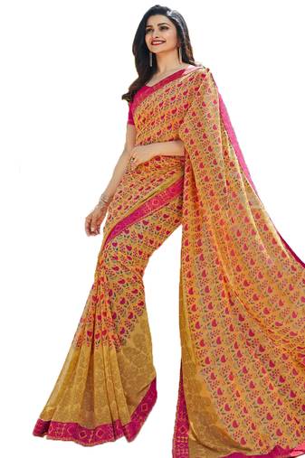 Yellow printed georgette  saree with blouse