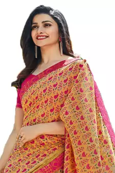 Yellow printed georgette  saree with blouse