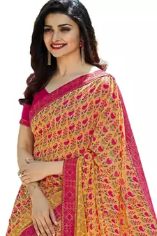 Yellow printed georgette  saree with blouse