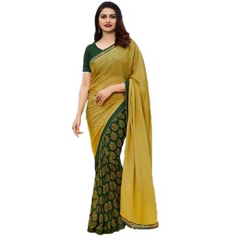 Yellow printed georgette  saree with blouse 1