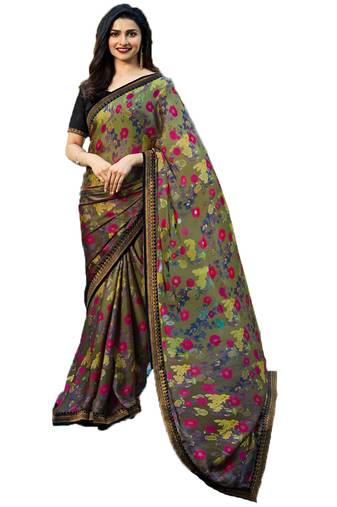 Dark grey printed georgette  saree with blouse