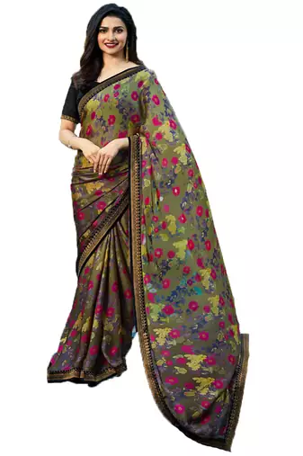 Dark grey printed georgette  saree with blouse
