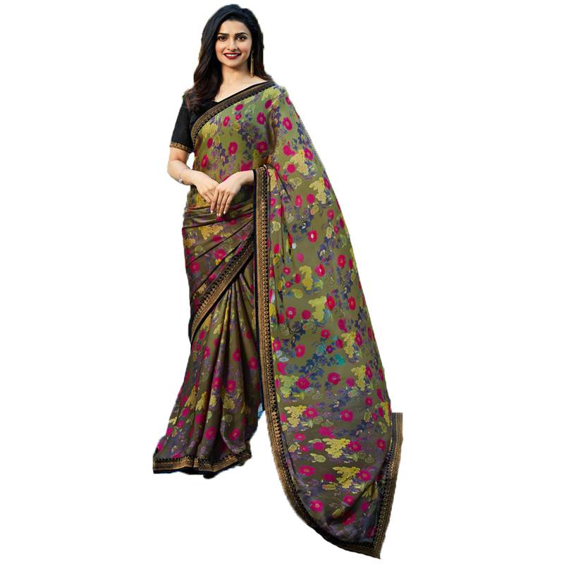 Dark grey printed georgette  saree with blouse