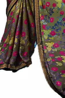Dark grey printed georgette  saree with blouse
