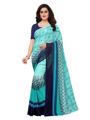 Turquoise printed georgette saree with blouse 1