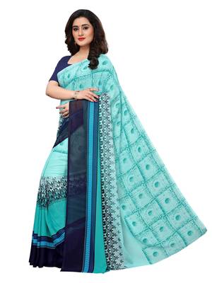 Turquoise printed georgette saree with blouse 2