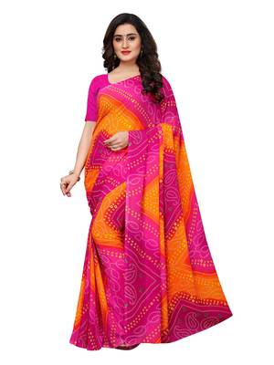 Pink printed georgette saree with blouse 1
