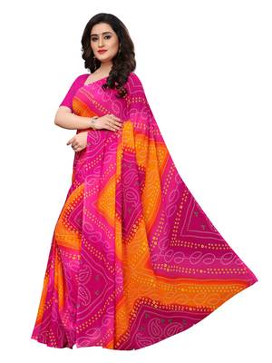 Pink printed georgette saree with blouse 2
