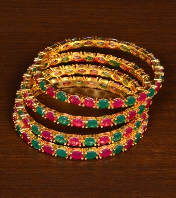 Gold Plated Red and Green Stone Embellished Designer Wedding Bangles for Women 1