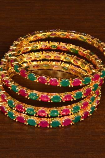 Gold Plated Red and Green Stone Embellished Designer Wedding Bangles for Women