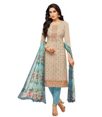 Beige Resham Cotton Salwar With Dupatta 1
