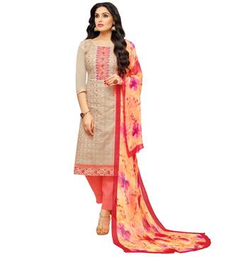 Beige Resham Cotton Salwar With Dupatta 1