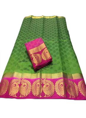Olive green woven tussar silk saree with blouse 1