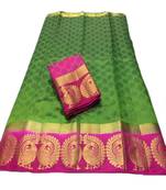 Olive green woven tussar silk saree with blouse