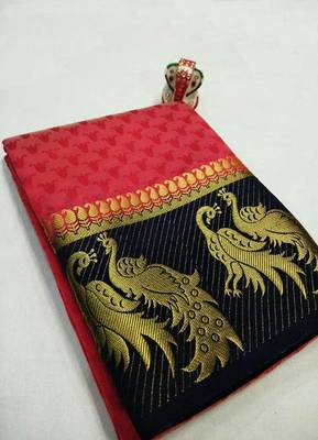Red woven tussar silk saree with blouse 1