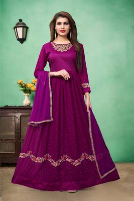 Purple Embroidered Faux Georgette Semi Stitched Anarkali Suit 1