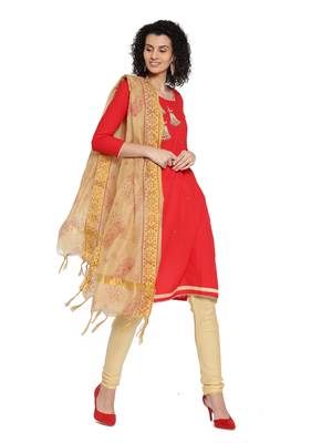 Red Fancy Cotton Unstitched Salwar With Dupatta 1