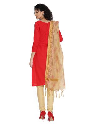 Red Fancy Cotton Unstitched Salwar With Dupatta 2