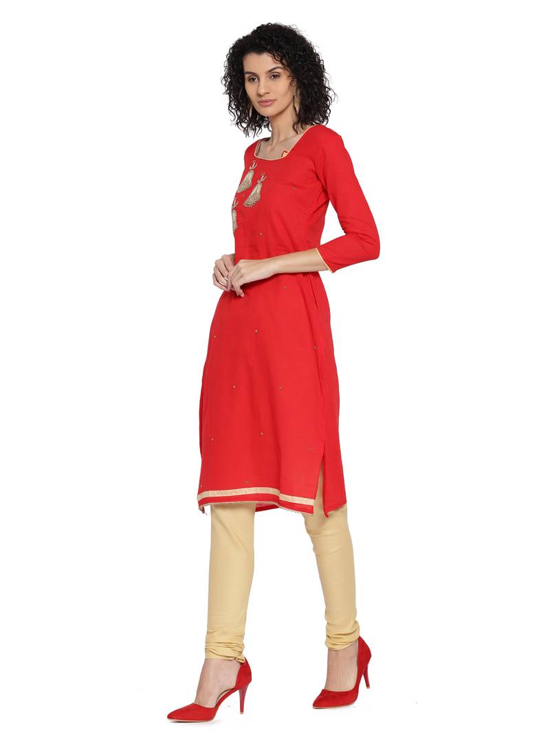 Red Fancy Cotton Unstitched Salwar With Dupatta