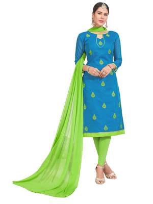 Blue Thread Embroidery Chanderi Unstitched Salwar With Dupatta 1