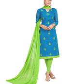 Blue Thread Embroidery Chanderi Unstitched Salwar With Dupatta
