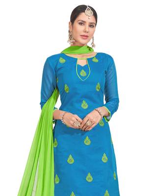 Blue Thread Embroidery Chanderi Unstitched Salwar With Dupatta 2