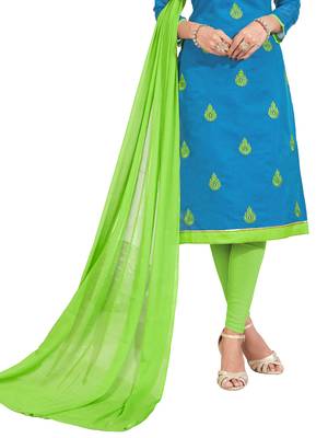 Blue Thread Embroidery Chanderi Unstitched Salwar With Dupatta 3