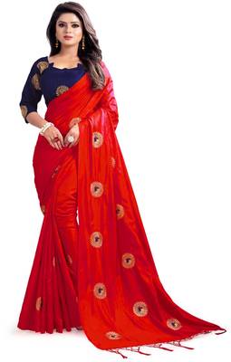 Red embroidered art silk saree with blouse 1