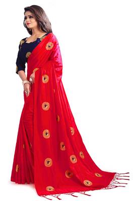 Red embroidered art silk saree with blouse 2