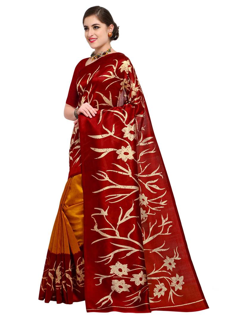 Maroon Printed Silk Blend Saree With Blouse