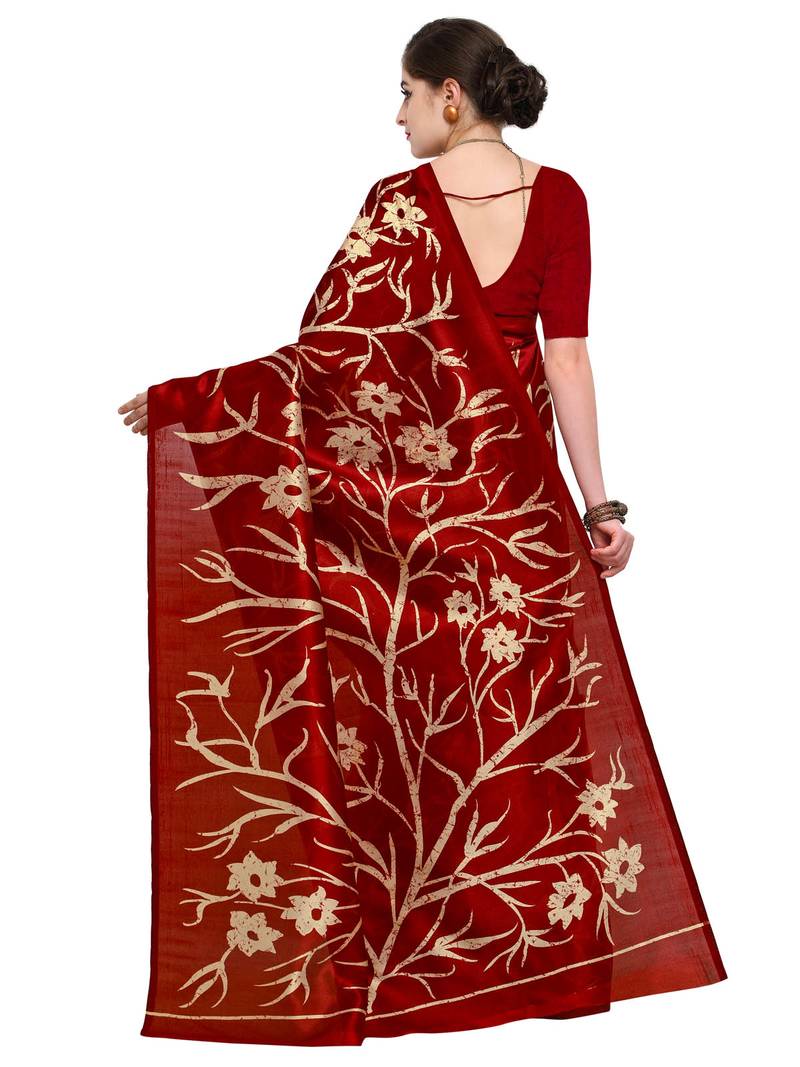Maroon Printed Silk Blend Saree With Blouse