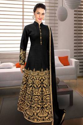 Black Embroidered Silk Semi Stitched Anarkali Suits 1