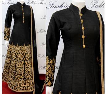 Black Embroidered Silk Semi Stitched Anarkali Suits 2