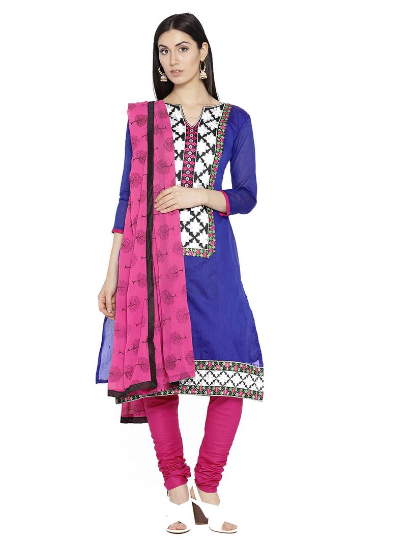 Navy Blue Fancy Cotton Semi Stitched Salwar With Dupatta