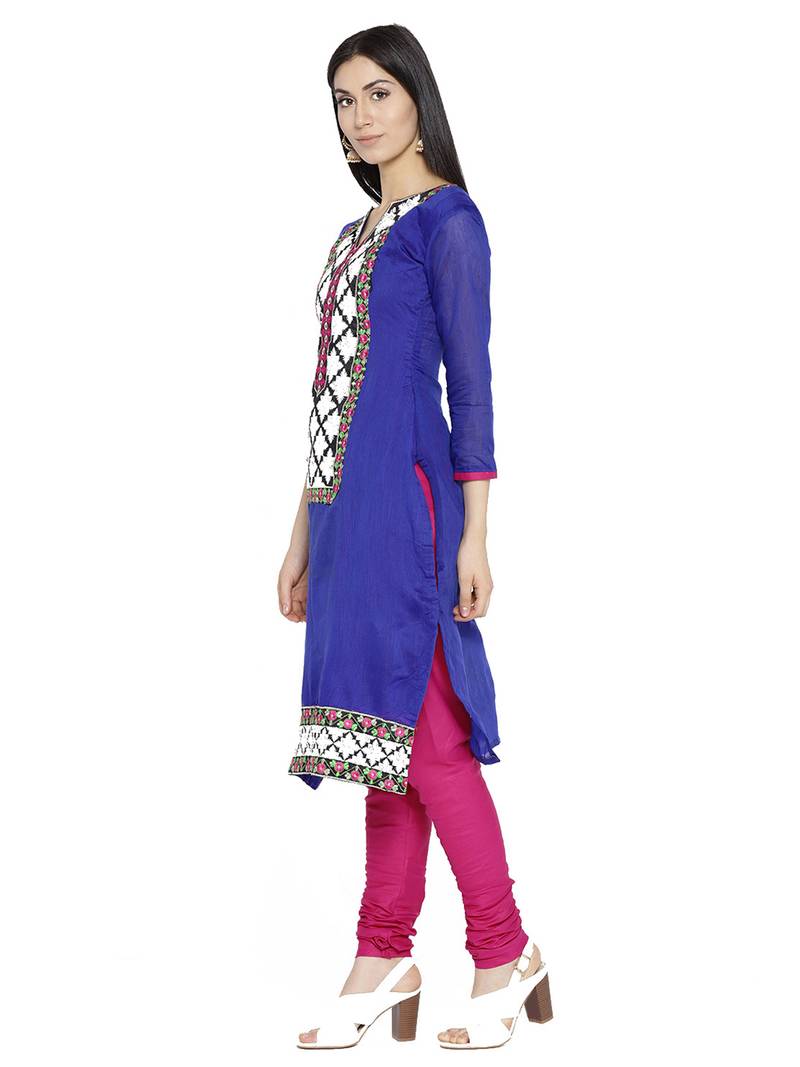Navy Blue Fancy Cotton Semi Stitched Salwar With Dupatta