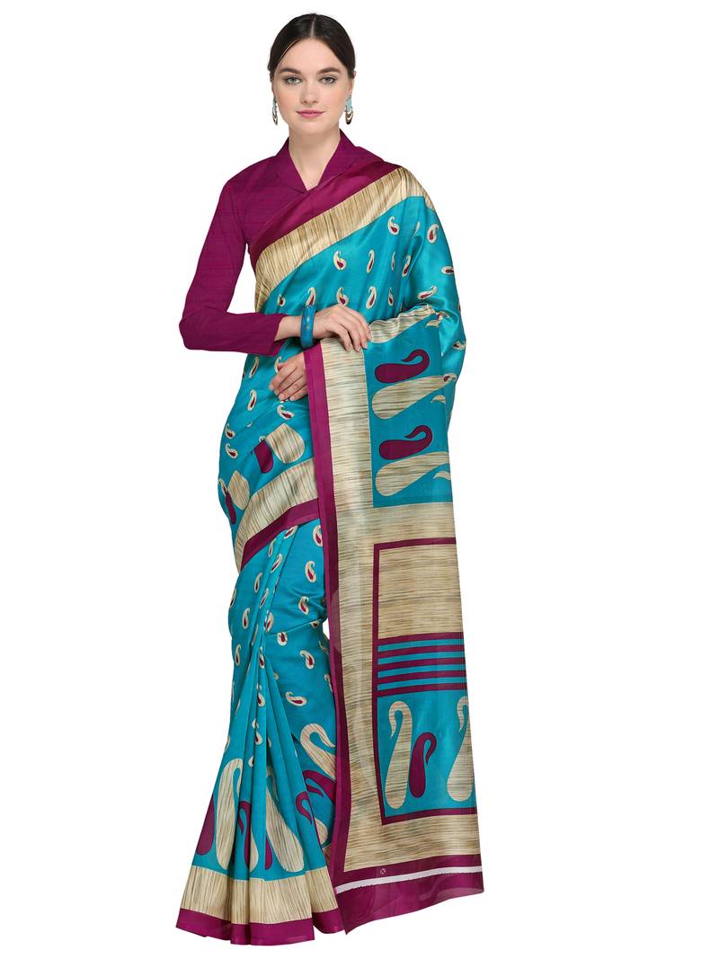 Purple Printed Silk Blend Saree With Blouse