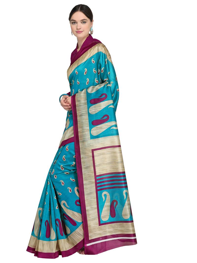 Purple Printed Silk Blend Saree With Blouse