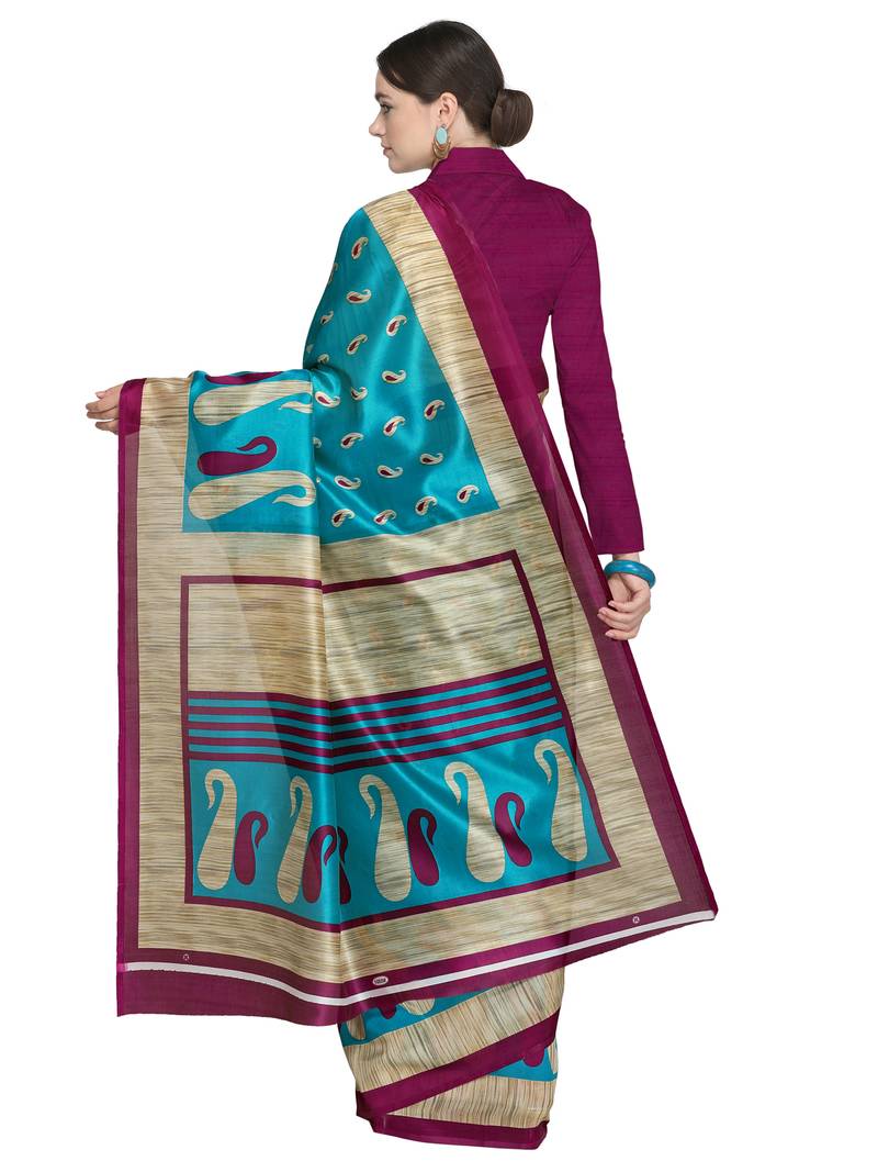 Purple Printed Silk Blend Saree With Blouse