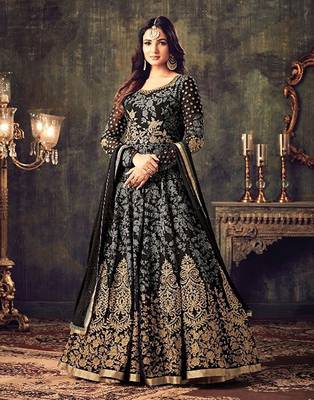 Grey and black  Embroidered Georgette Anarkali Suit 1